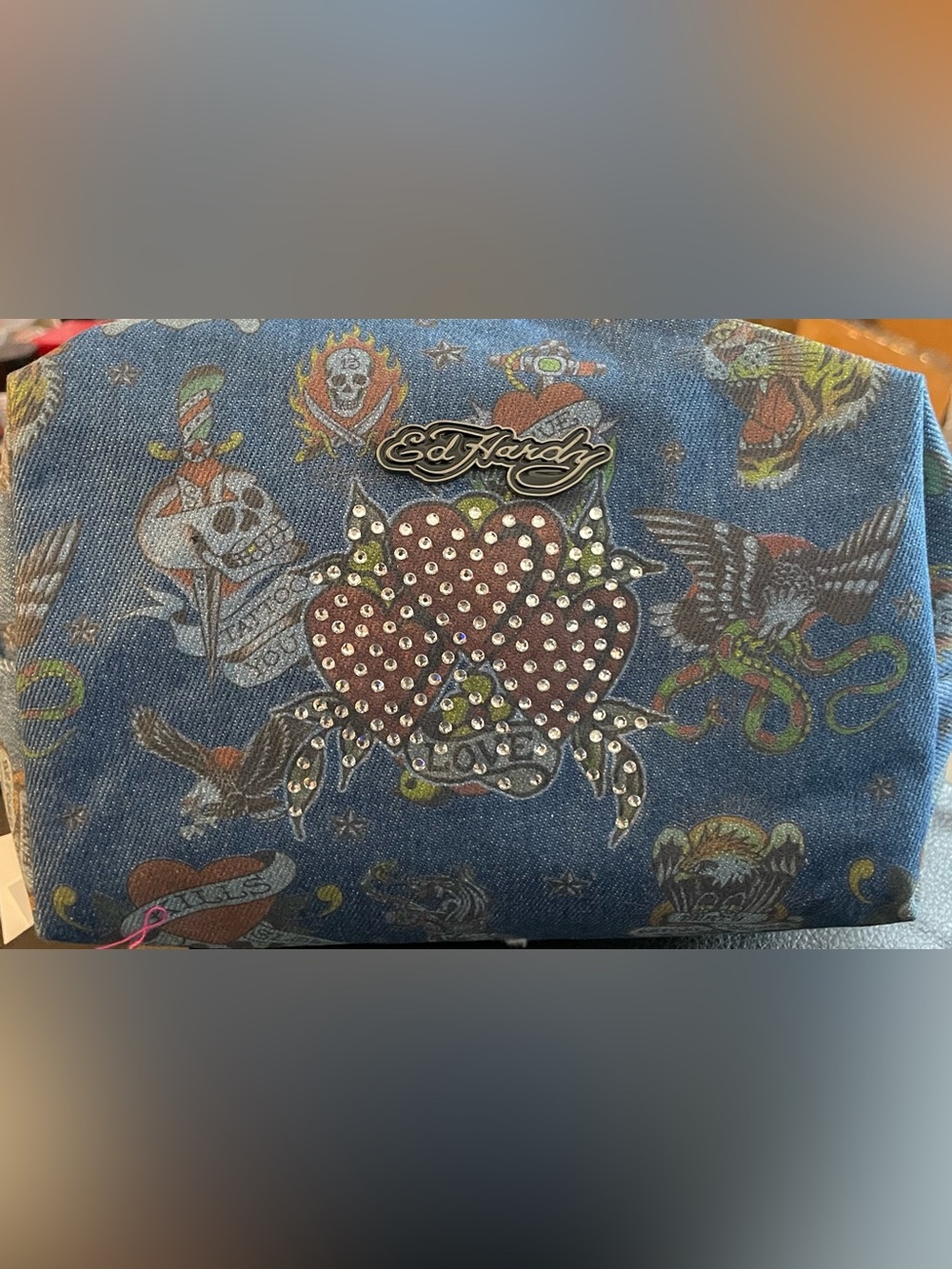 Ed Hardy Denim Toiletry Bag with Studded Heart Graphic